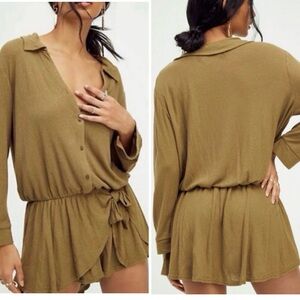 Free People Beach - Lively Romper 🌿 Long Sleeve SM - Tropical Nut